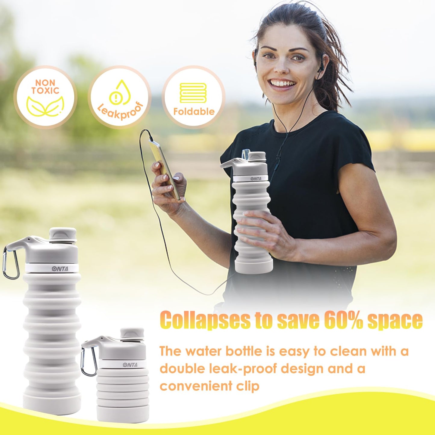 ONTA Collapsible Water Bottle- BPA Free Silicone Foldable Water Bottles for Travel,Silicone Portable Leak-Proof Travel Water Bottle 20 oz, Gray