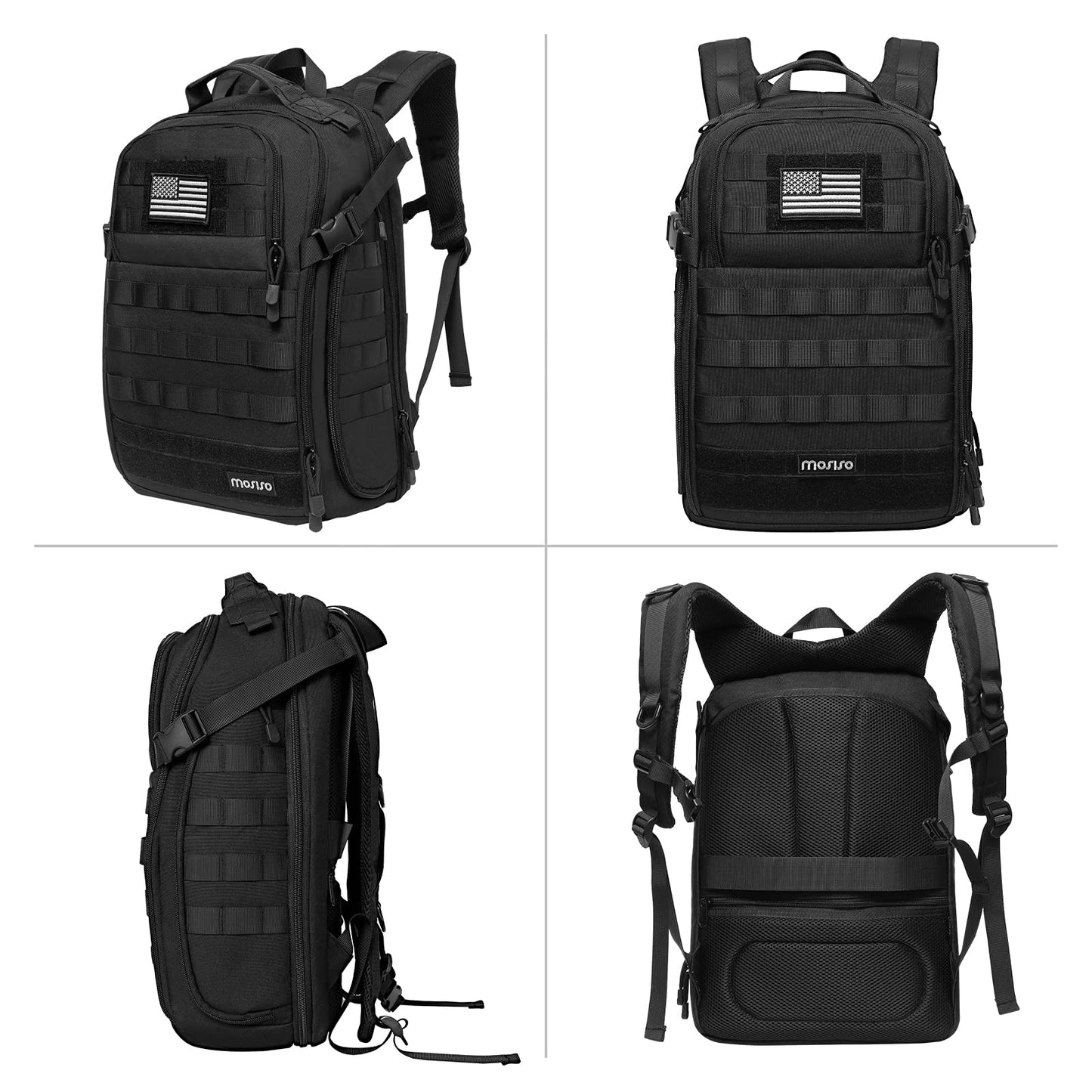MOSISO Tactical Backpack, 2-Layer Military Daypack 3 Day Assault Pack Rucksack Outdoor Hiking Hunting Camping Training Travel Shoulder Bag with Trolley Belt & USA Flag Patch, Black
