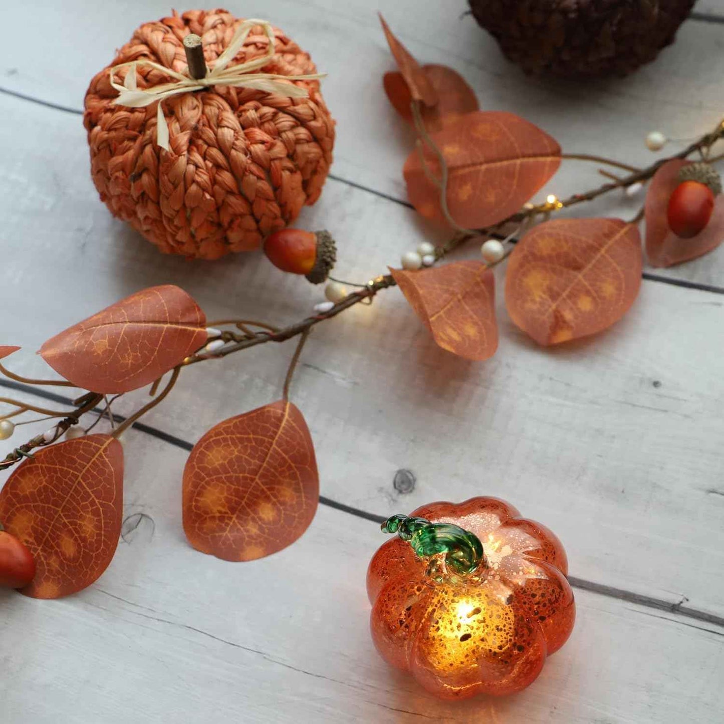 Set of 3 Golden Glass Pumpkin Lights - 2.5" Battery Operated LED Fall Decor for Halloween & Thanksgiving, Mercury Glass Table Centerpiece, Warm Amber Glow for Indoor Autumn Decorations