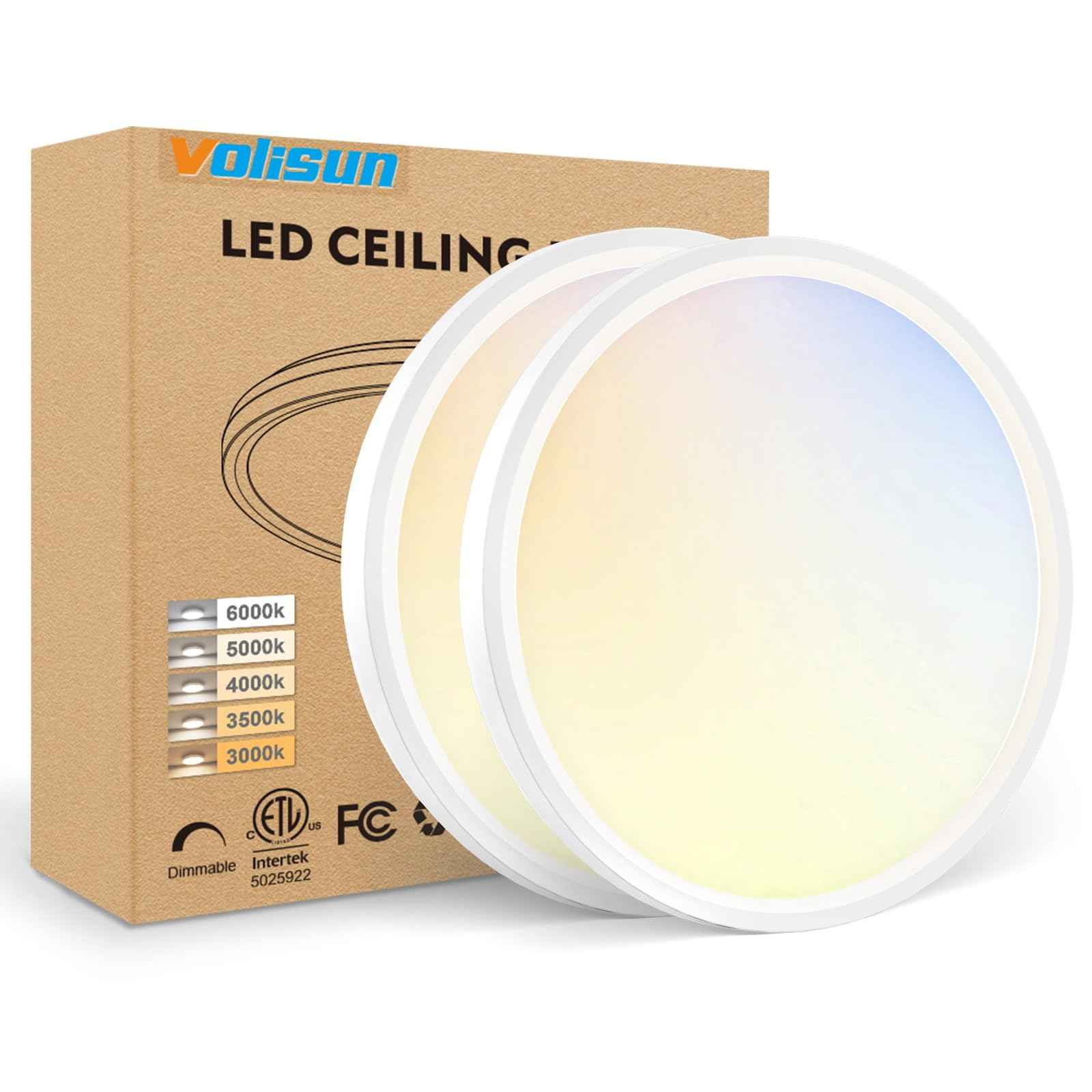 VOLISUN 2Pack 5CCT LED Flush Mount Ceiling Light, 7 inch Dimmable Ultra-Thin LED Ceiling Light Fixture, 3000K-6500K Selectable, 15W LED Ceiling Lights for Bedroom, Kitchen, Closet and Hallway (White)