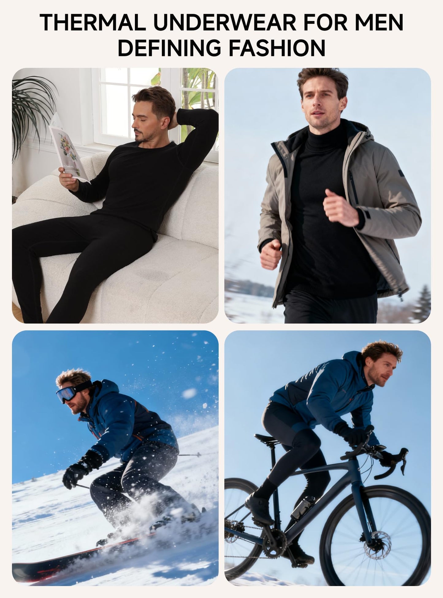 Thermal Underwear for Men Wool Long Johns Fleece Lined, Lightweight Warm Gear Set for Autumn Winter Cold Weather Top Bottom, Base Layer Thermal Long Sleeve Shirt Underpants for Running - Black M