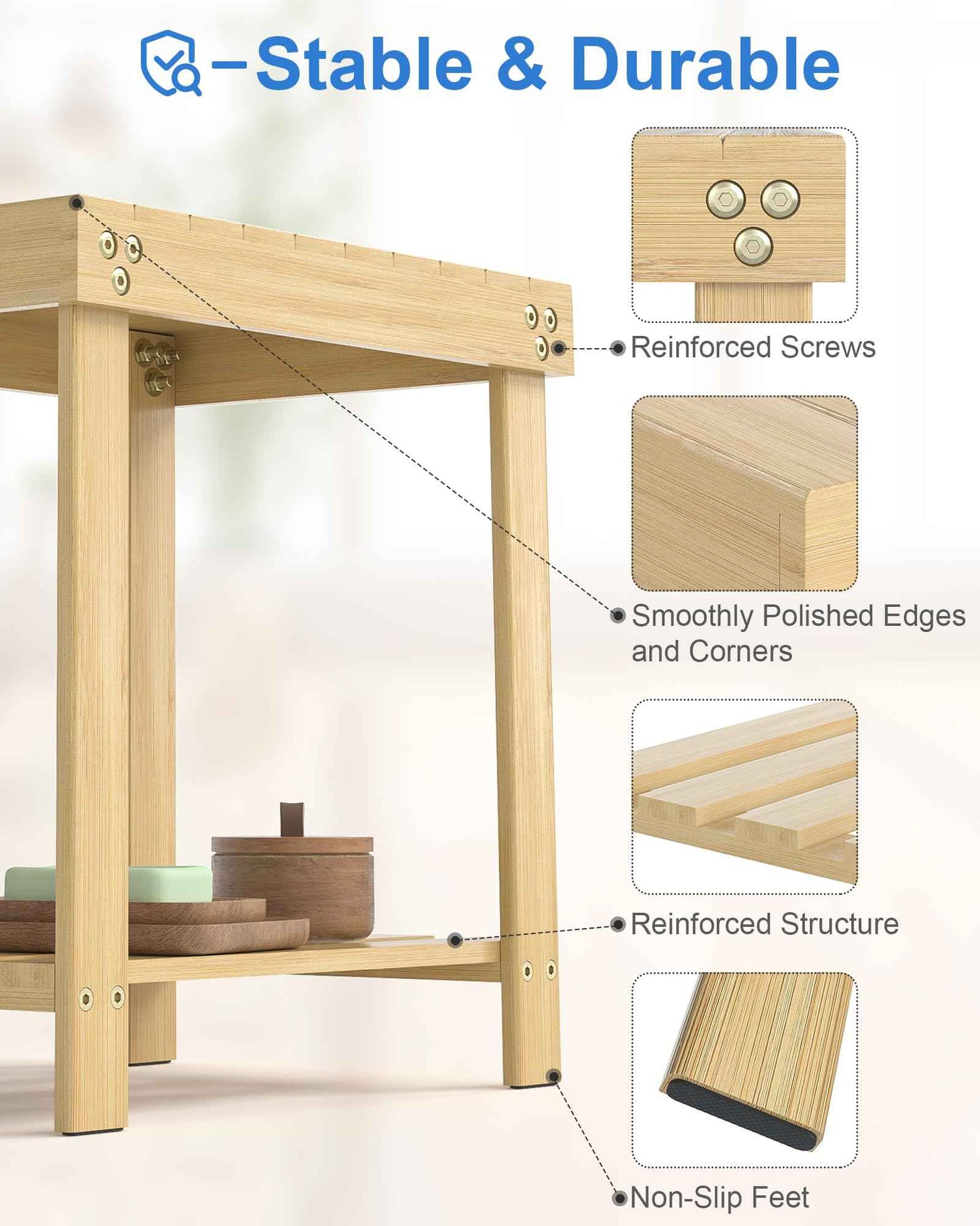 Bamneat Small Bamboo Bathroom Shower Bench with Storage Shelf, Durable Shower Stool for Shaving Legs, Indoor and Outdoor Use, Natural