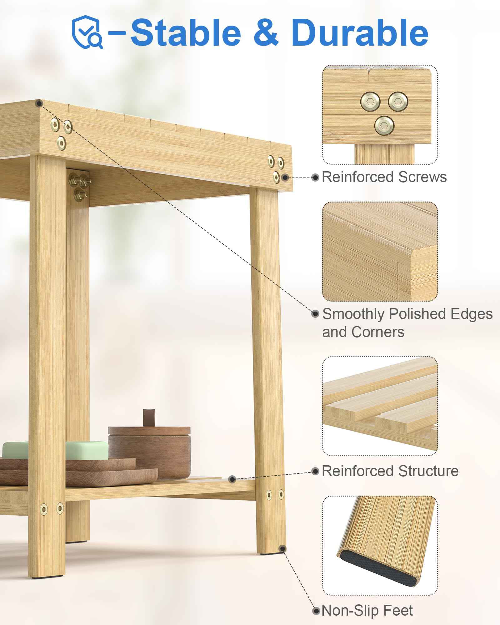 Bamneat Small Bamboo Bathroom Shower Bench with Storage Shelf, Durable Shower Stool for Shaving Legs, Indoor and Outdoor Use, Natural