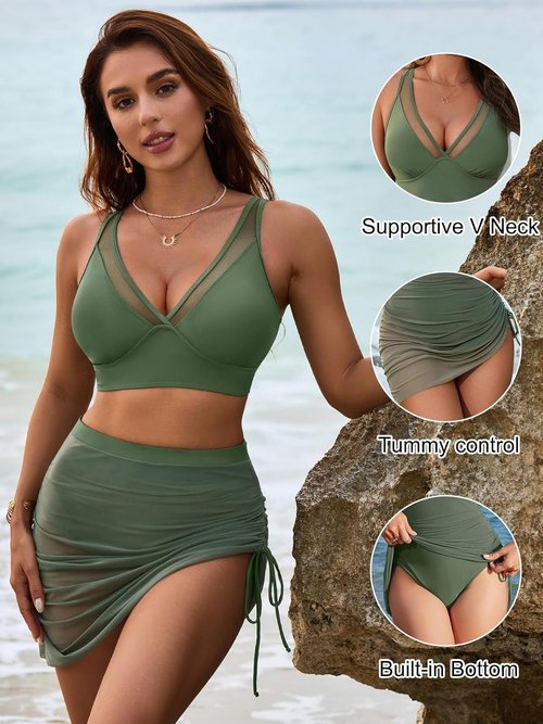 Blooming Jelly High Waisted Bikini Set - Tummy Control Swim Skirt with Mesh Sarong Wrap