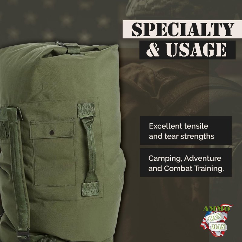Olive Drab Green Military Style Duffle Bag – 70 lb Nylon Tactical Duffle Bag w/Padded Straps – Water Resistant Large Sport Bag for Travel, Gym, Camping, Hunting & Outdoor Gear