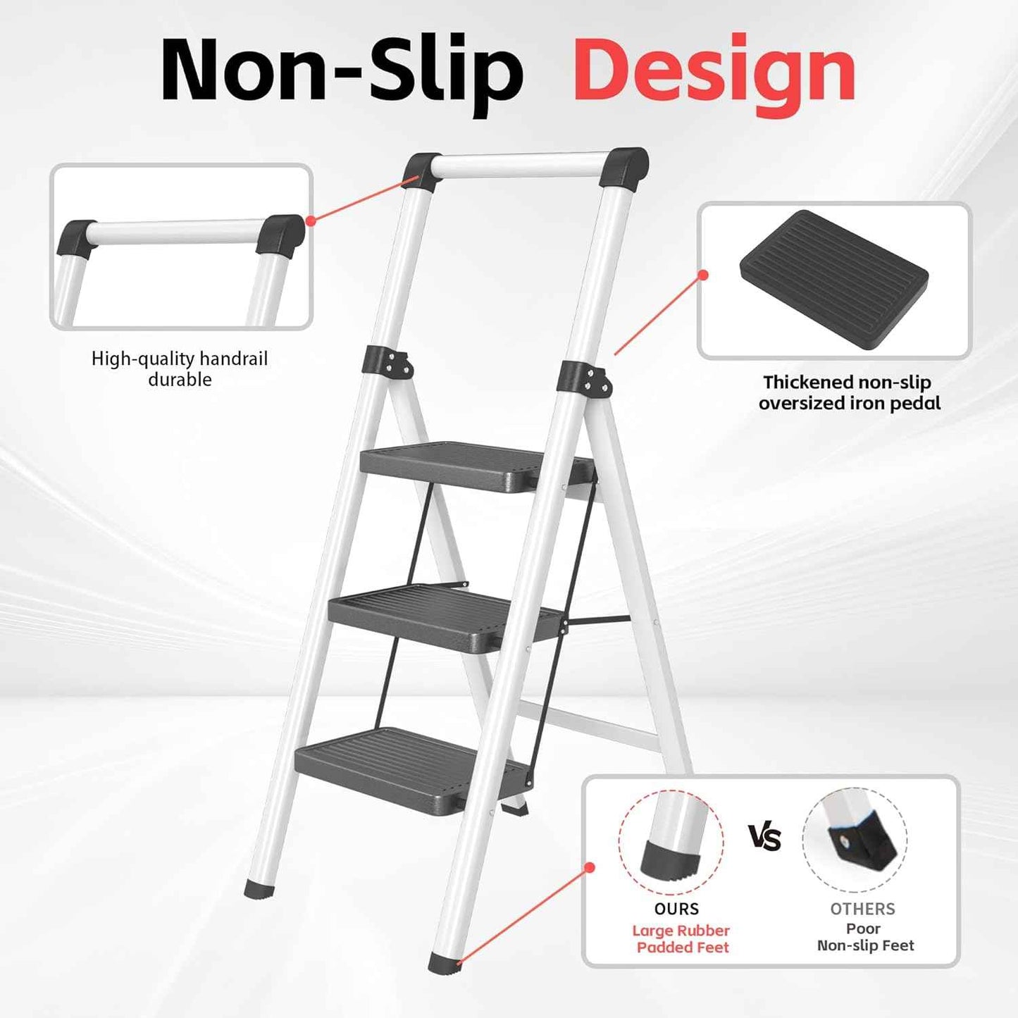 DIAMONDFORGE 4-Step Folding Ladder - Sturdy Steel Construction, Anti-Slip Pedals & Feet, Handgrip - Home Use, White & Red