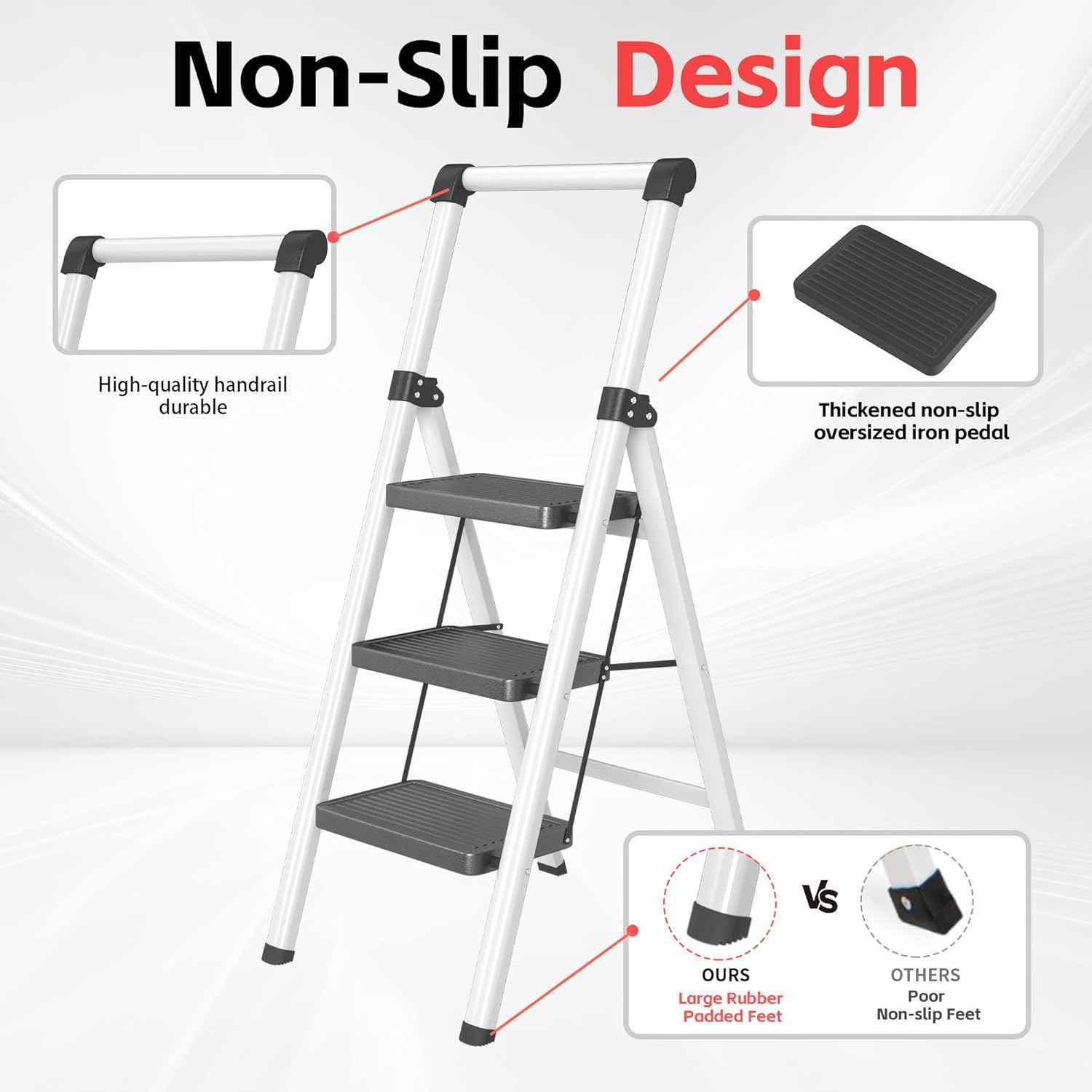 DIAMONDFORGE 4-Step Folding Ladder - Sturdy Steel Construction, Anti-Slip Pedals & Feet, Handgrip - Home Use, White & Red
