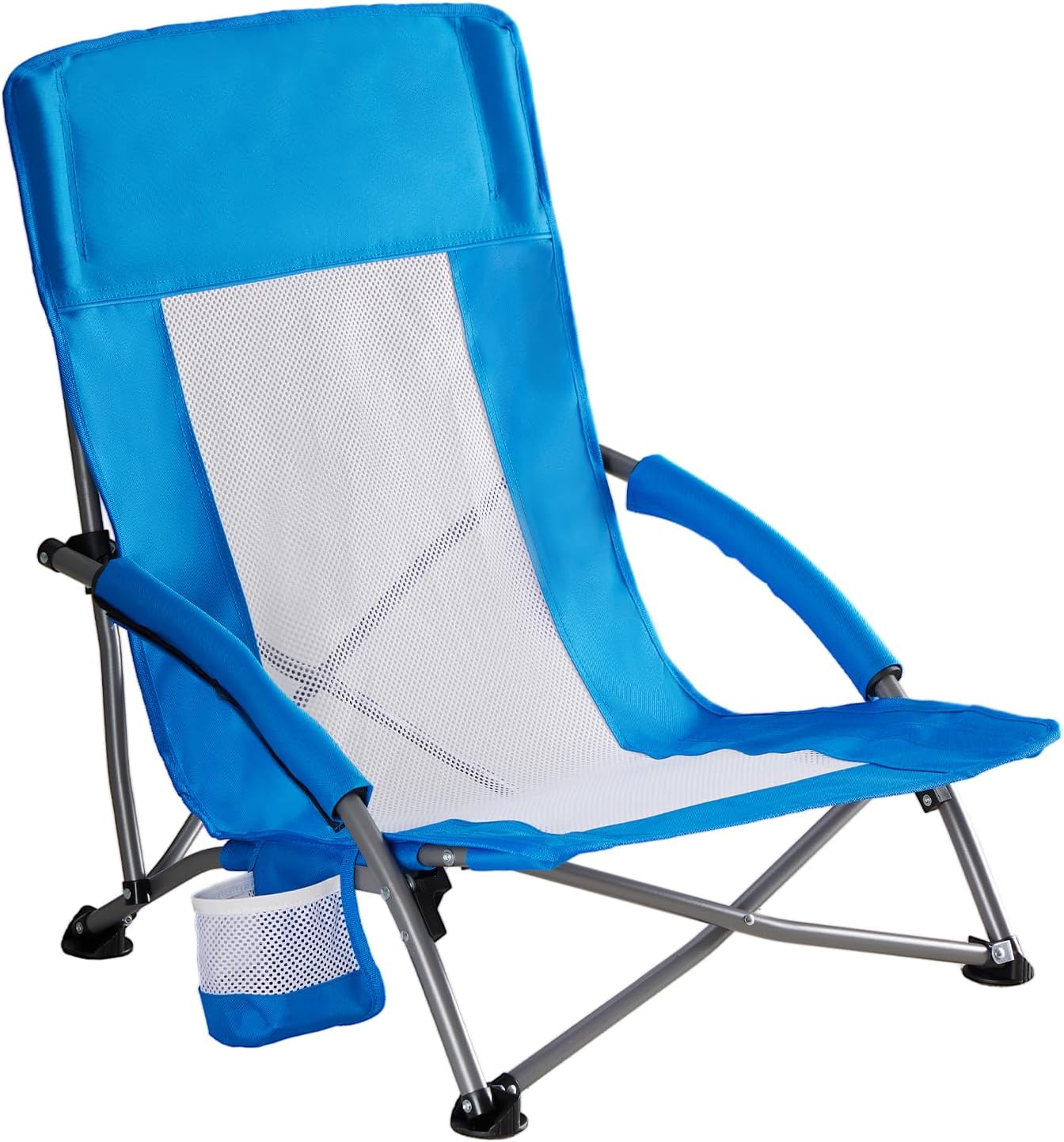 NEWBULIG Low Beach Chair - Portable Folding Camping Chair with Cup Holders & Carry Bag | Extra Wide Seat, High Back, Blue
