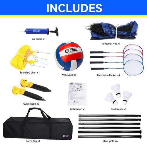 GSE Games & Sports Expert Outdoor Portable Badminton/Volleyball Complete Set with Net System, 4 Badminton Paddles, 3 Shuttlecocks, Volleyball, Boundary Line. Great for Backyards, Parks, Beach, Lawn