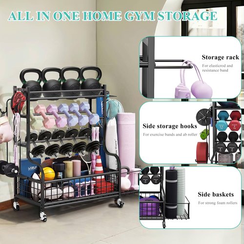 HIEE Dumbbell Rack, Weight Rack for Kettlebells, Storage Holder for Yoga and Workout Equipment, Home Gym Storage Rack with Wheels and Hooks (320 lb)