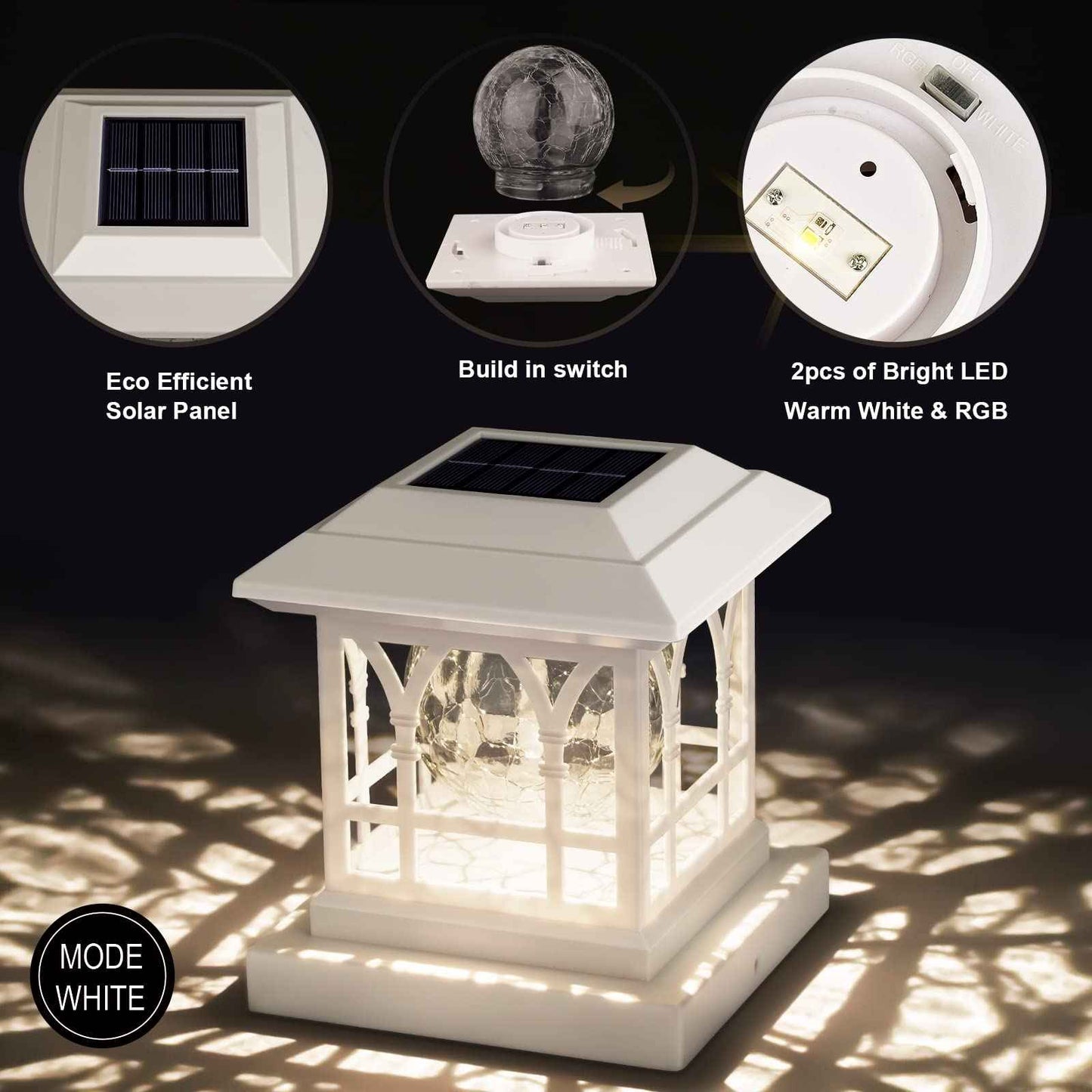 AEFRELEOHT Solar Post Cap Lights, Warm White & RGB Automatic Cycling, Cracked Glass Bulb, 20 Lumens lP65 Waterproof Fit 3.6x3.6 4x4 4.5x4.5 5x5 Wood Fence Post Solar Powered Lights White (1 Pack)