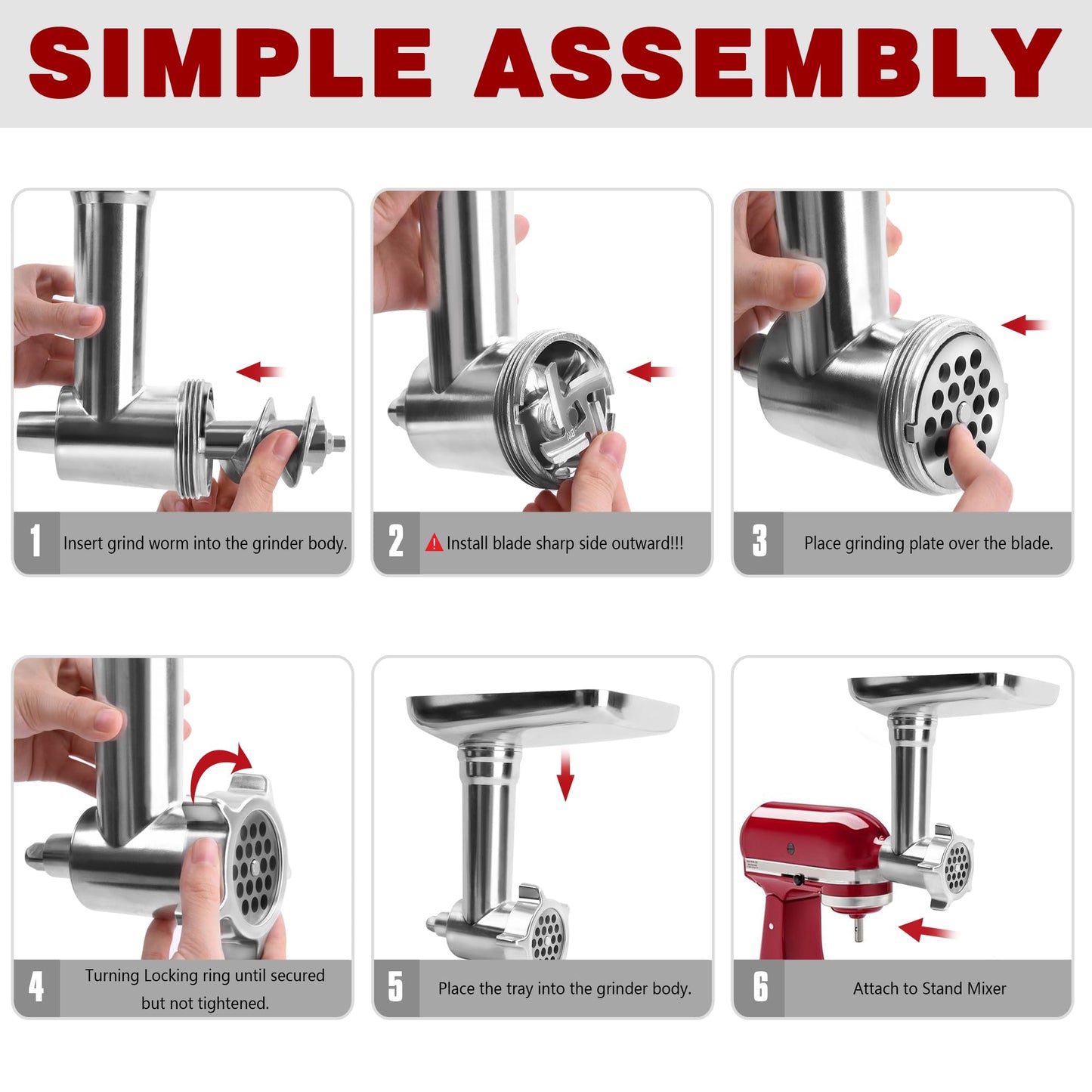 Stainless Steel Meat Grinder Attachment for KitchenAid, Stainless Steel Meat Grinder Attachment, Sausage Stuffer, Attachment for KitchenAid Mixers, Dishwasher Safe(Mixer Not Included)