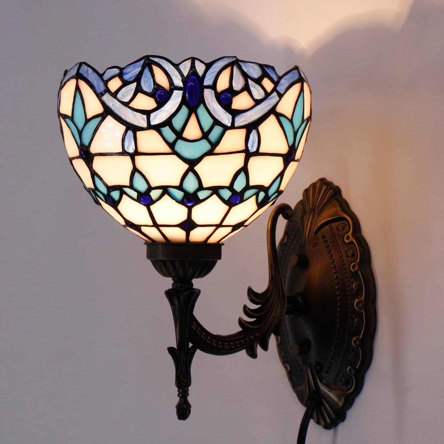 Tiffany Wall Sconce Lamp Stained Glass 8X10.5X11 Inch Plug in Wall Bedside Light for Hallway Bedroom (White Blue Baroque Style)