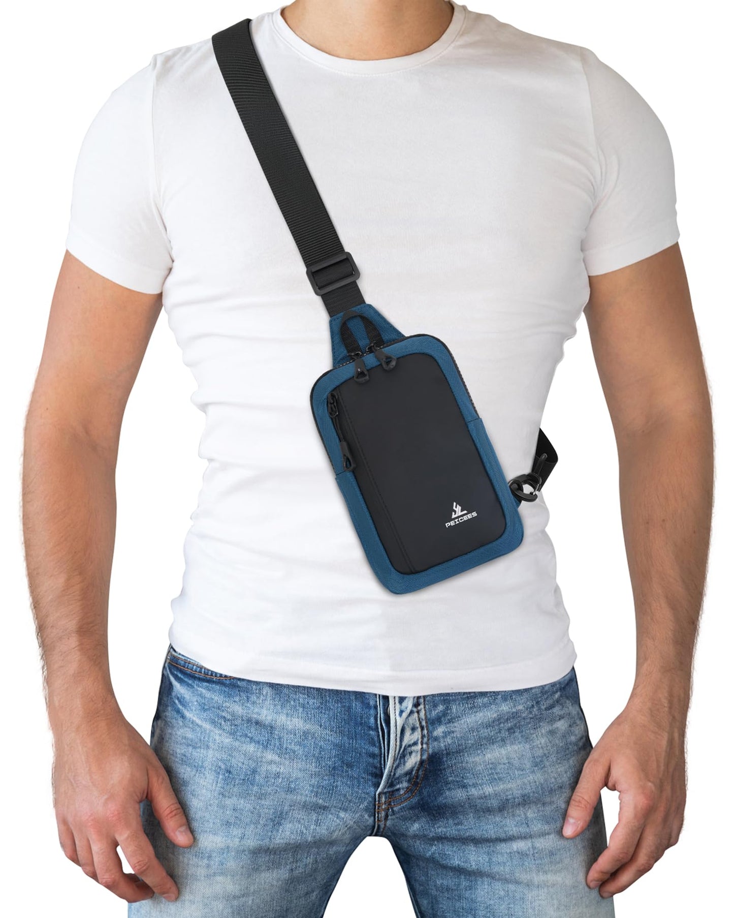 Peicees Small Crossbody Sling Bag Chest Bag Dual Pocket Water Resistant Fanny Pack Running Phone Holder for Men Women Workout Travelling, Blue