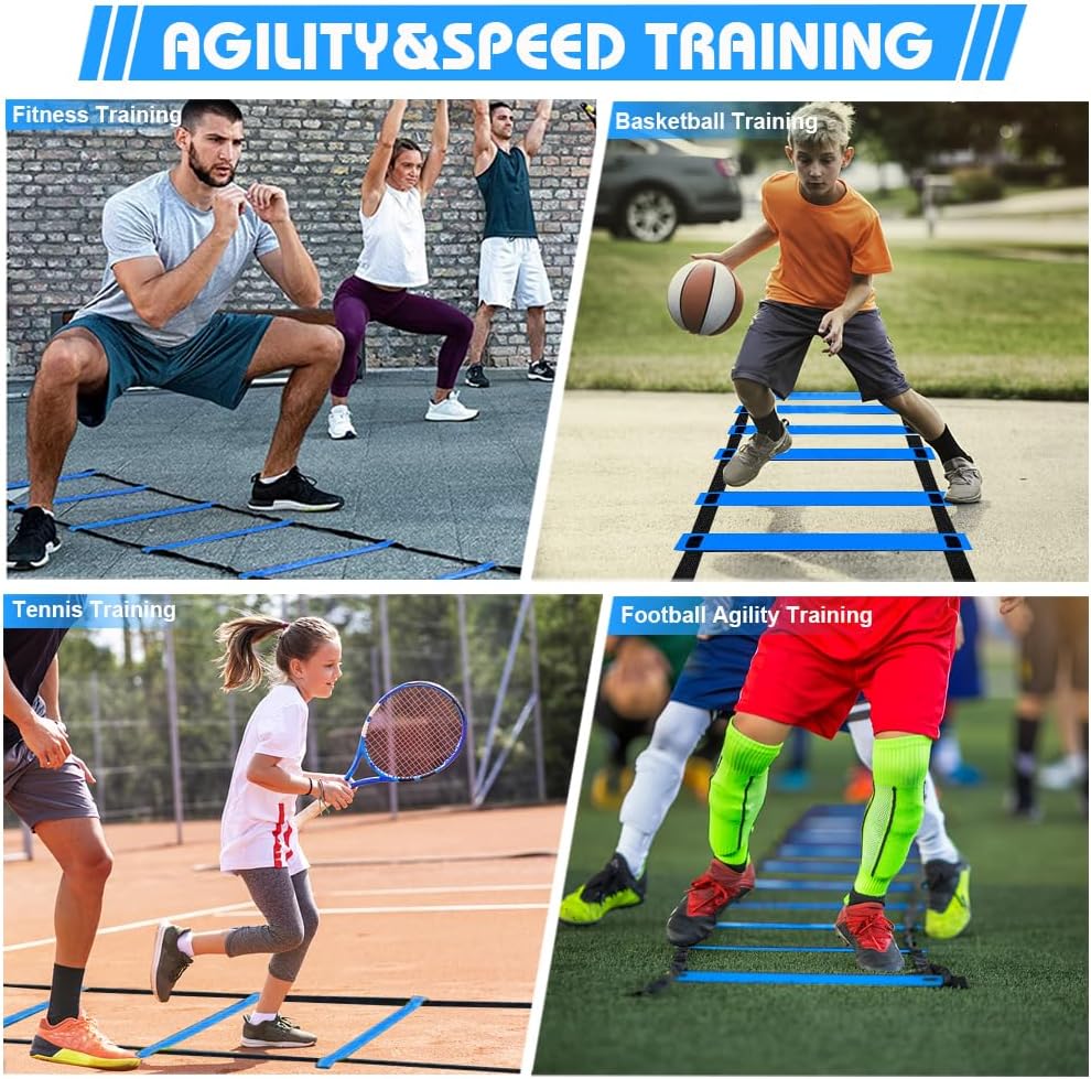 Soccer Speed Agility Training Set - 20FT Agility Ladder with 12/16 Sports Cones & Kick Trainer