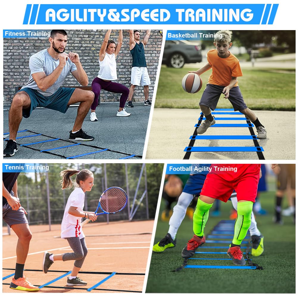 YGORTECH Soccer Training Equipment Set - 20FT Agility Ladder, 12 Soccer Cones, Kick Trainer, Speed and Agility Training Equipment for Indoor/Outdoor Practice Blue Ladder
