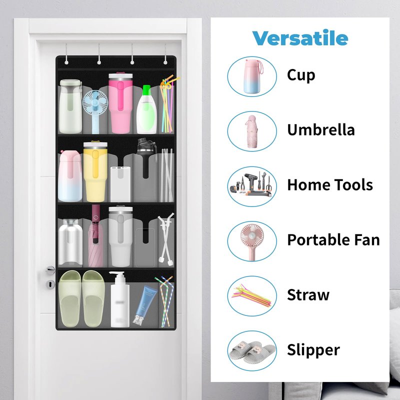 SelfTek Over the Door Water Bottle Tumbler Organizer, 17 Pockets Large Capacity Cup Organizer for S-tanley 40oz Tumbler, Foldable Hanging Holder with Straw Pocket, Cup Storage Back of Door