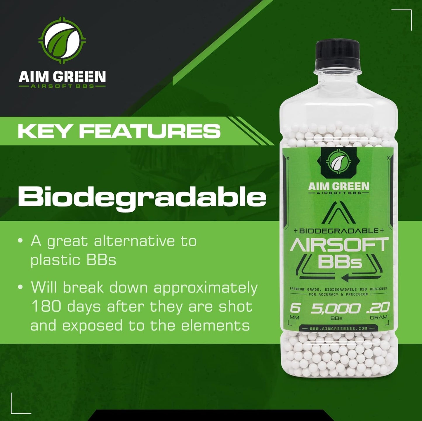 Aim Green Biodegradable 6mm Airsoft BBs - Premium-Grade, 20g to 40g, Available in 2,500 to 10,000 Count