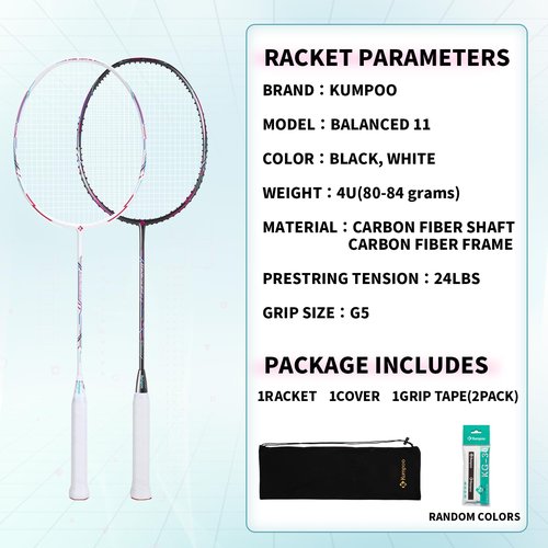 KUMPOO Badminton Racket Professional, Badminton Carbon Fiber Racket Set with Cover and Replacement Grip, 4U Pro Racquet Lightweight for Bgeinners Outdoor Games, Trainning, Exercise, White