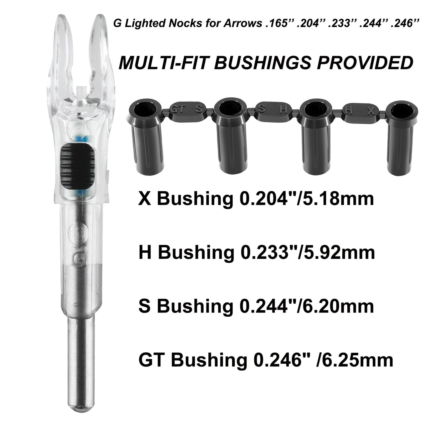 KEAUP 6/12 Pack G Lighted Nocks for Arrows with .165 .204 .233 .244 .246 Inside Diameter with X, H, S, GT Bushings High-Visibility LED Arrow Nocks, ON/Off Switch Included