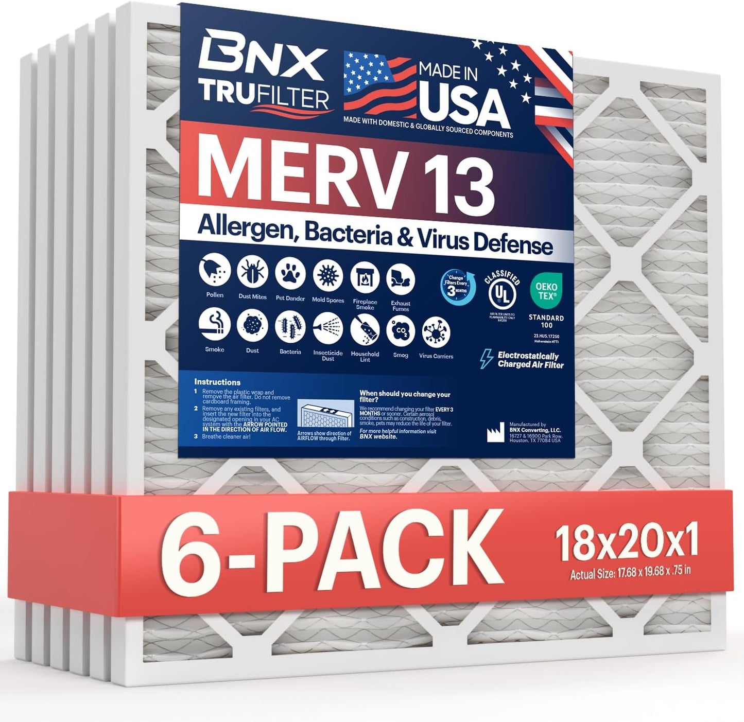 BNX TruFilter 12x12x1 MERV 8 Air Filters (6-Pack) - USA-Made Dust & Pet Defense for HVAC