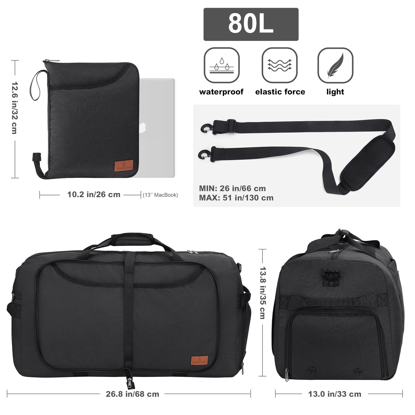 80L Duffle Bag for Travel, Large Foldable Waterproof Travel Duffel Bags Weekender Overnight Bag for Men and Women with Shoe Compartment (Black)