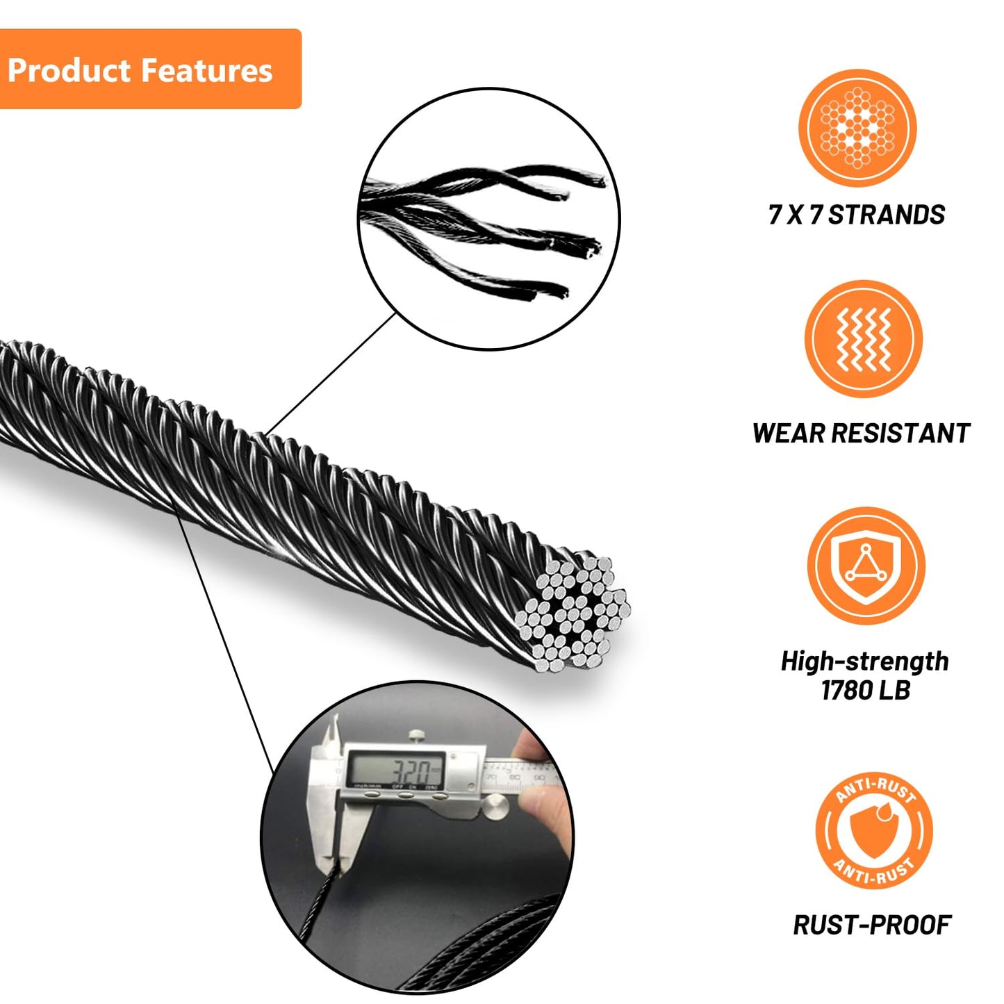 300FT T316 Black Stainless Steel Cable 1/8 inch, Black Aircraft Cable for Deck Railing, 7 x 7 Strands Construction Braided Steel Cable, Black Wire Cable for Wood Posts