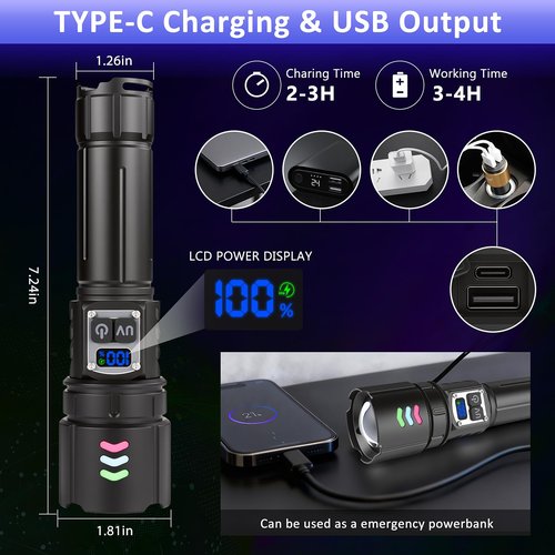 365nm UV Flashlight Black Light, Rechargeable 2-in-1 White and Ultraviolet Light Combo, Zoomable LCD Display UV Light for Pet Urine Detection, Resin, Rocks, Scorpion, AC Leak, Camping, Emergencies