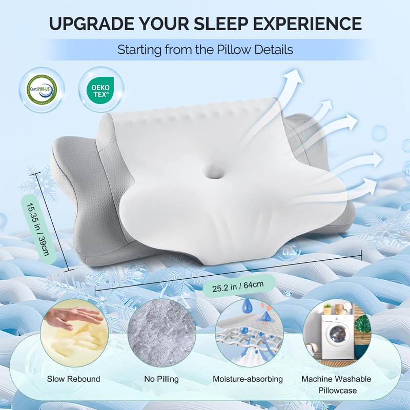 Memory Foam Pillows for Neck Support,Cooling Ergonomic Dual-Sided Orthopedic Neck Cervical Pillow with Ice Silk Pillowcase, Breathable Contour Pillow for Side, Back, Stomach Sleepers
