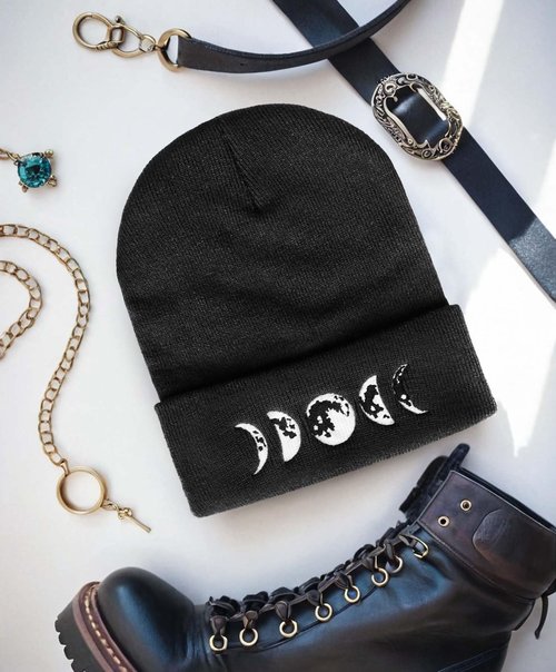 Gothic Moon Phase Skull Beanie Hats for Men Women, Warm Embroidery Winter Hat for Birthday Christmas & New Year Black