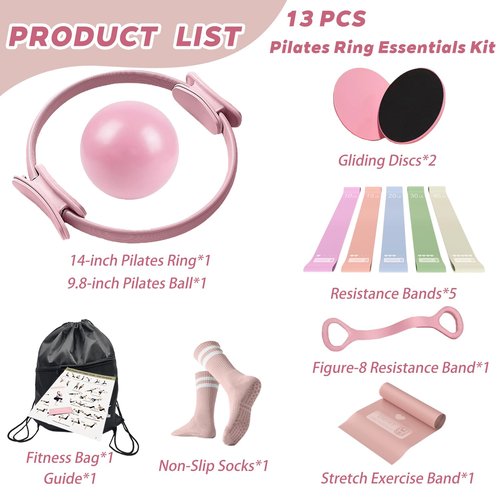 Gtzzot Pilates Ring Essentials Kit for Women, Soft Macaron Creams - Yoga Exercise Equipment Set for Home Workouts with Magic Circle, Mini Ball & Accessories - Fitness Ring Set for Beginners (Pink)