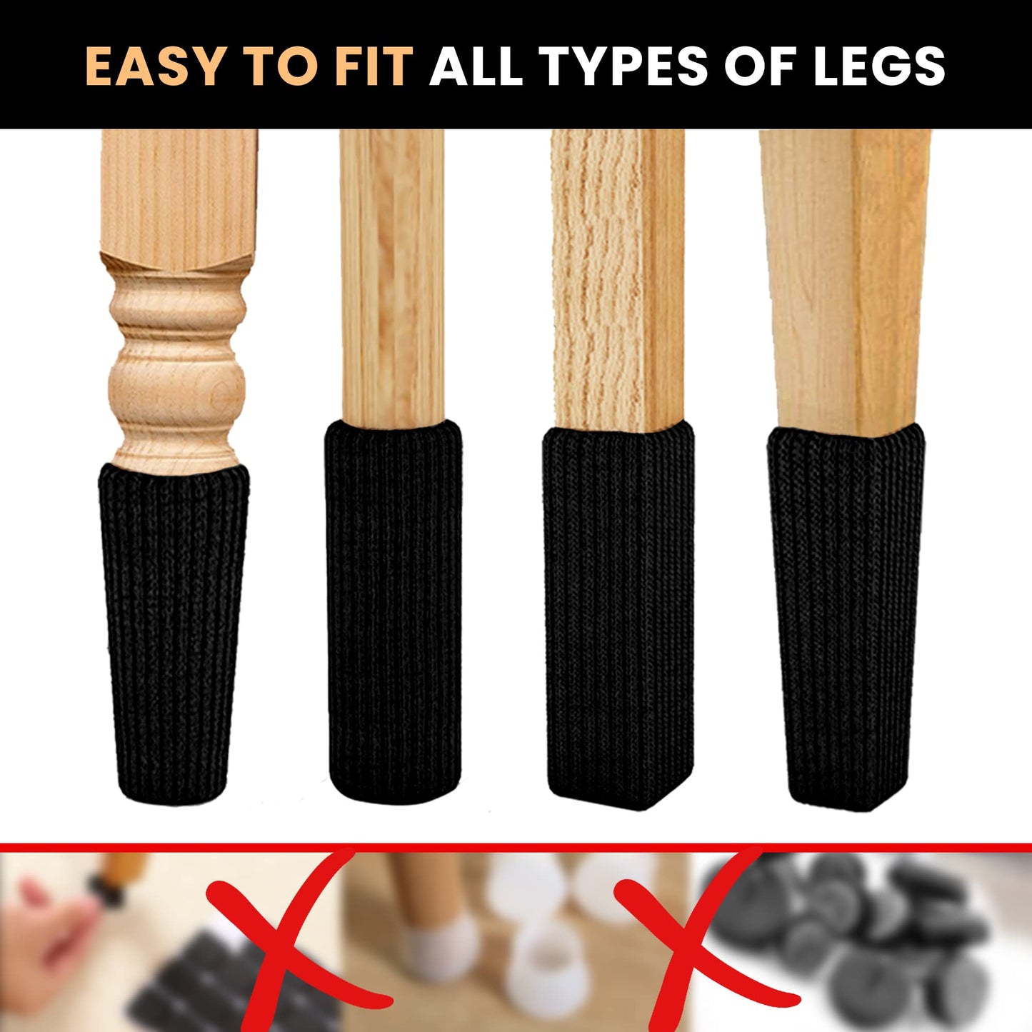 32 Pcs Black Premium Chair Leg Socks Protectors for Hardwood Floors - Do not Easily Fall Off - Very Easy to Put on - Fits All Leg Shapes - High Elastic Bar Stool Leg Covers - Furniture Pads