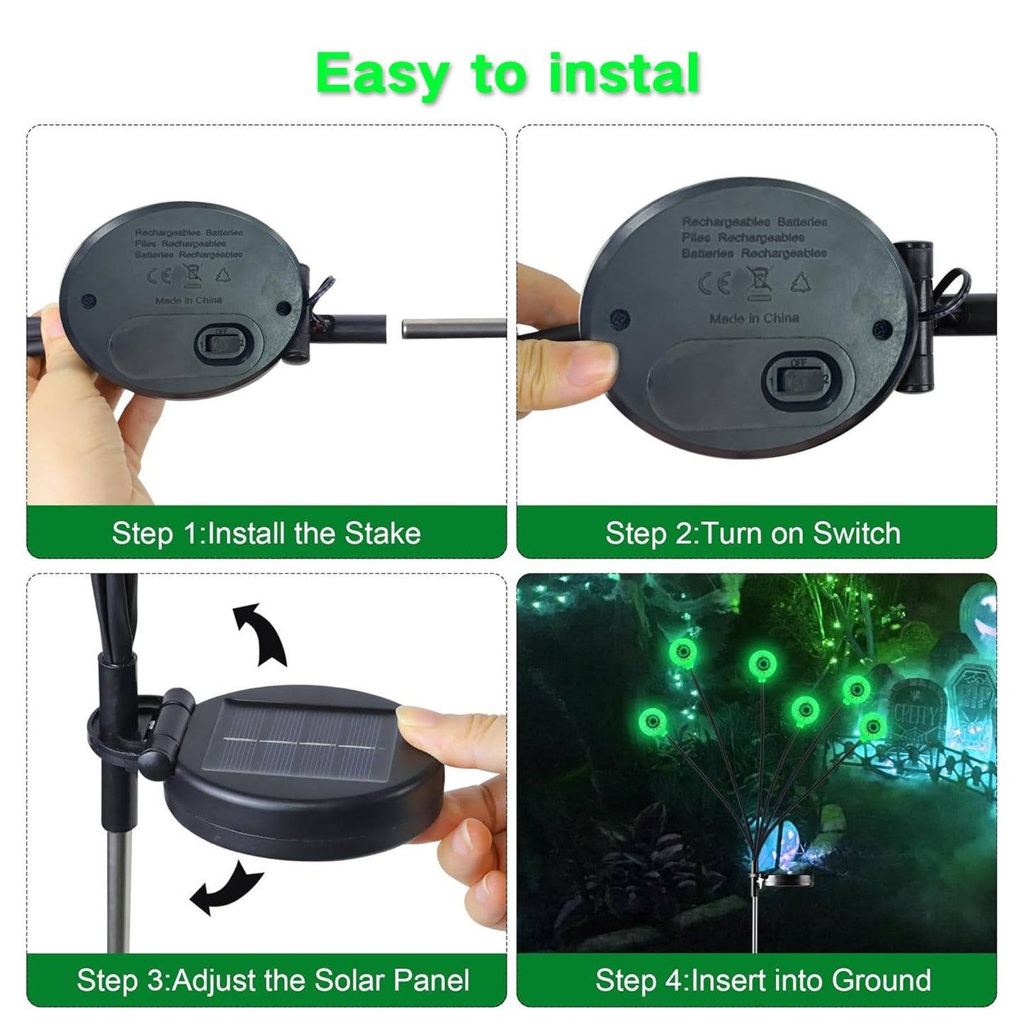 cyindzchwy Solar Halloween Decorations - 2 Pcs Scary Green Eyeball Lights, Waterproof Swaying Firefly Lights for Yard, Garden, Lawn, Party