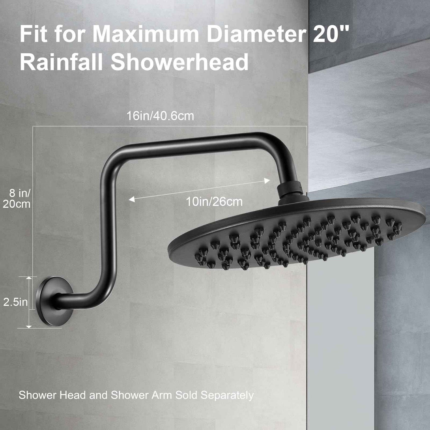 OFFO Shower Head Extension Arm 16 in, S Shaped High Rise Extender with Flange Shower Head Pipe Arm, Matte Black