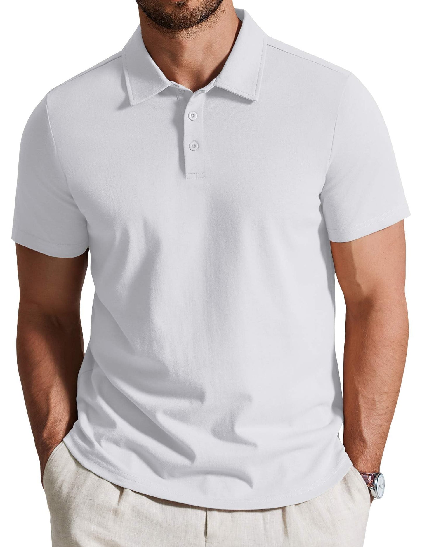 COOFANDY Mens Golf Shirts Short Sleeve Casual Work Polo Shirts 3 Button Shirts for Men White