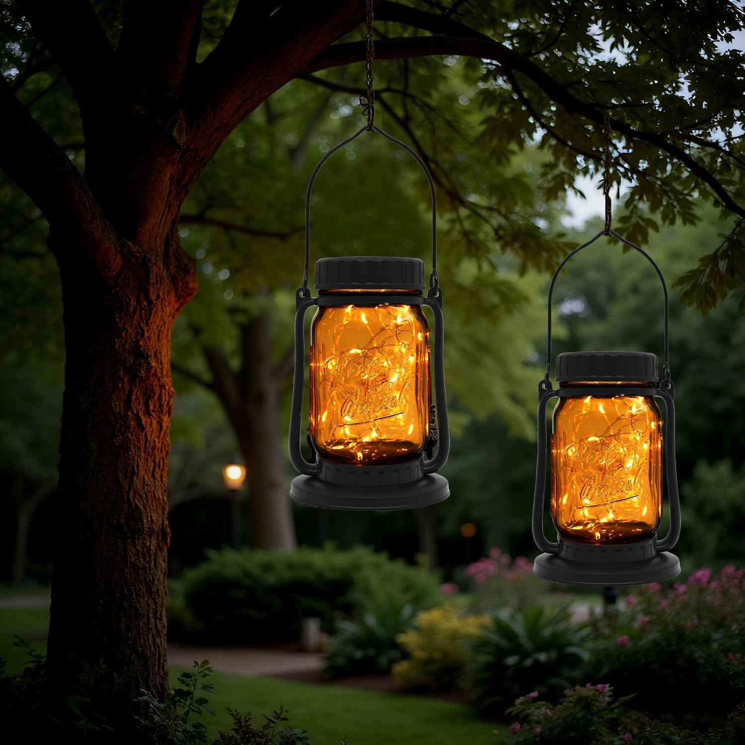 Mason Jar Lights - Solar Lantern Outdoor Waterproof, Hanging Solar Lights for Outside, Halloween, Fairy Twinkle Glass Decorative Lamp for Yard, Patio, Garden, Porch, Table, Wedding, Pack 2