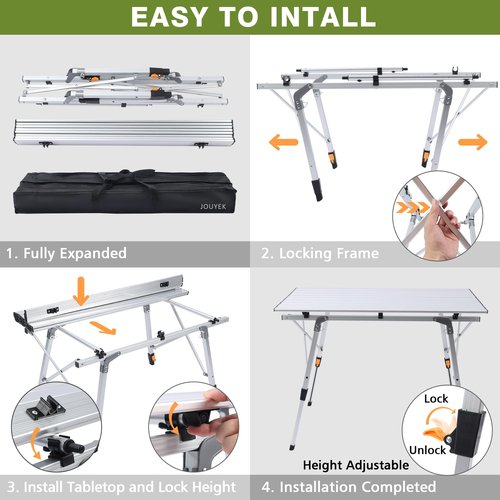 JOUYEK Folding Outdoor Camping Table with Adjustable Legs, Lightweight Aluminum Roll Up Camp Table with Carrying Bag, Mesh Storage Organizer, for Cooking, Picnic, Beach, Backyards, BBQ, Party