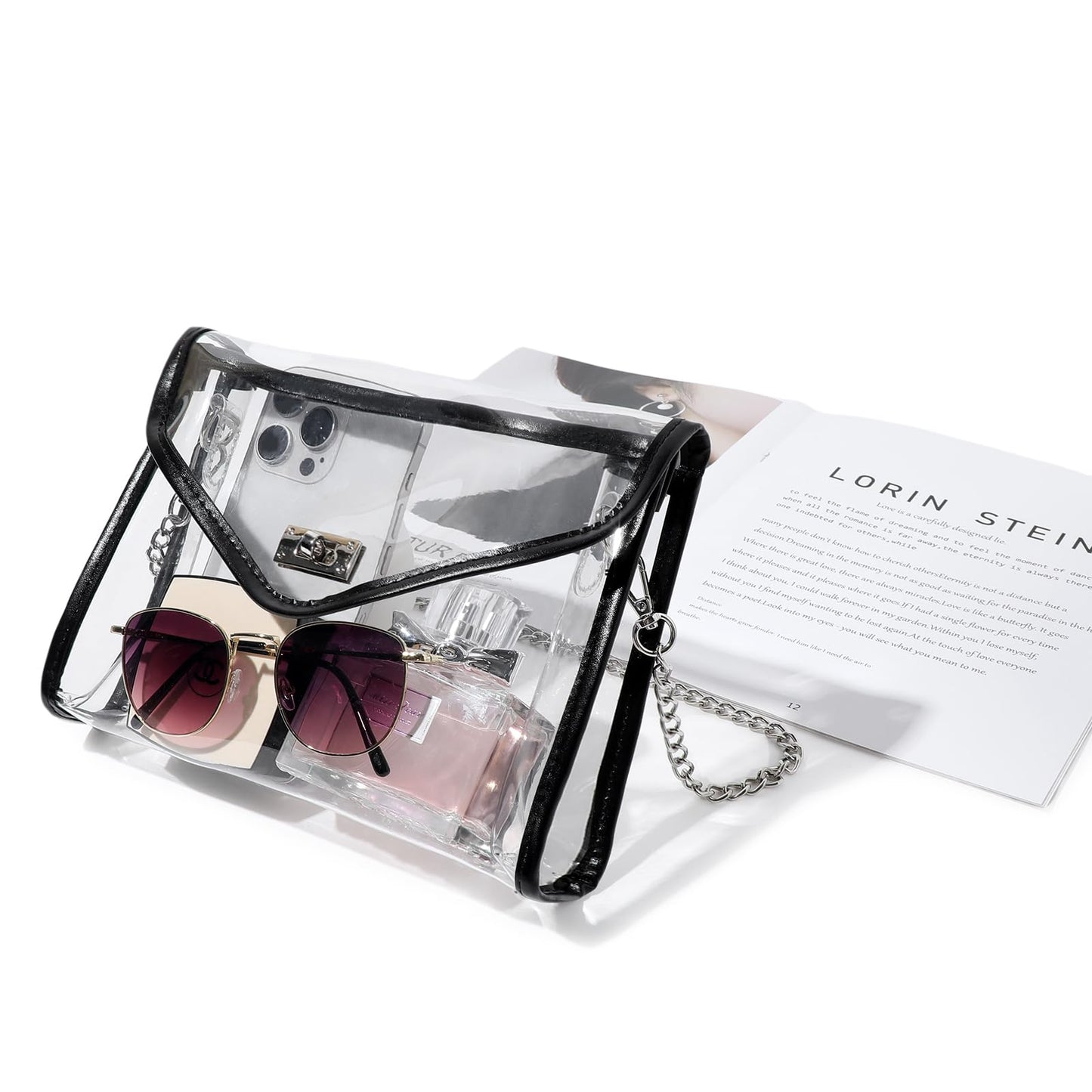 Bucosd Clear Purse for Women Stadium Approved, Clear Crossbody Bag with Leather Edging for Concert Sports Events (Black - Silver Chain)
