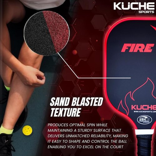 KUCHE FIRE T-700 Carbon Fiber Pickleball Paddle - Polymer Honeycomb Core -16MM Thick Sandblasted Surface for Spin & Control - USAPA Approved Pickleball Equipment for Men & Women