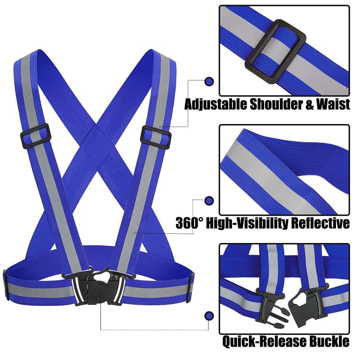 Reflective Vest 5 Pack, Blue Hi-Vis Safety Harness for Men, Women & Kids, Adjustable vest with 360 Silver Reflective for Security Guard, Event Staff, Law Enforcement Support, Crowd Control, Doorman