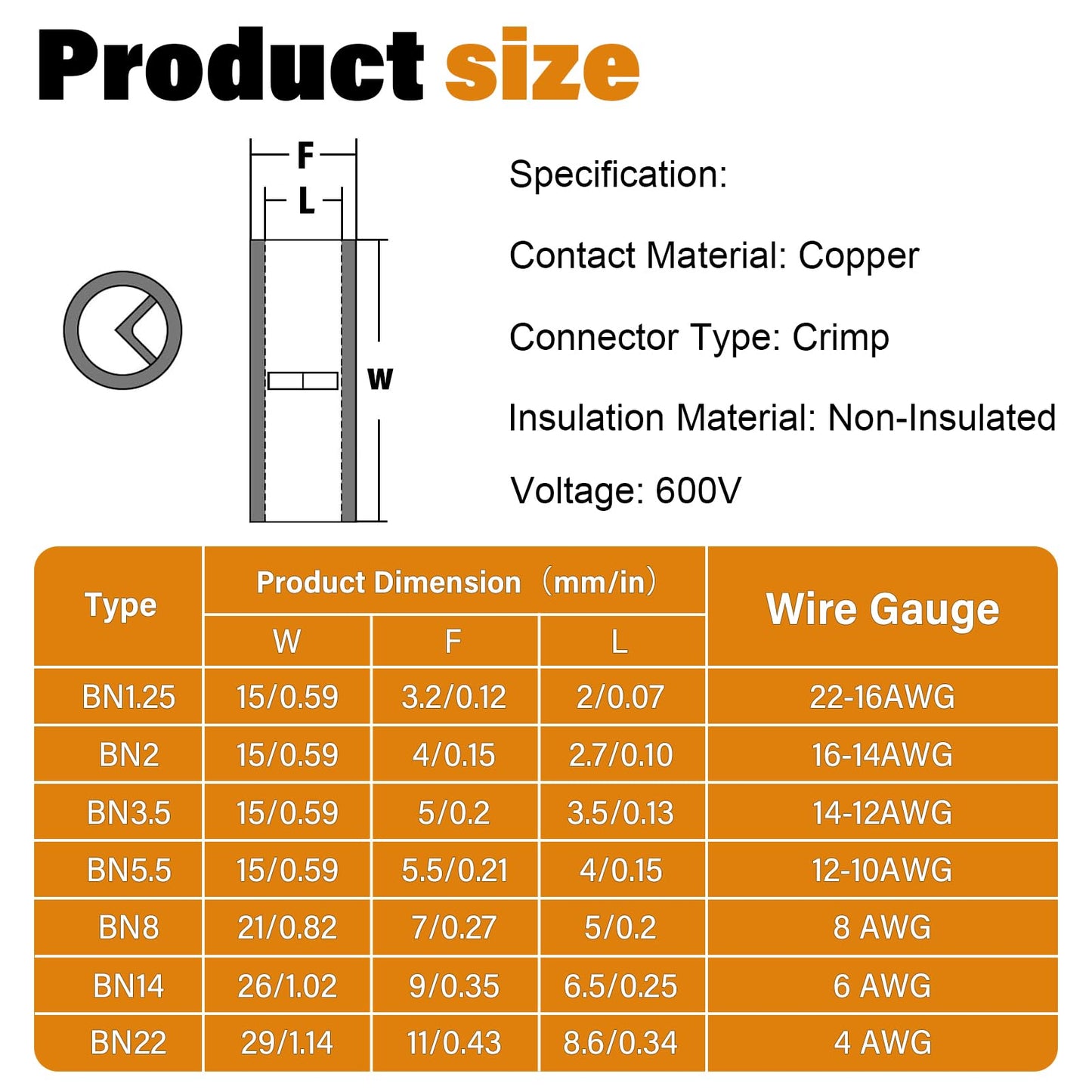 JTAREA 7 Values Non Insulated Butt Connectors Crimp with Heat Shrink Tube Uninsulated Wire Crimps Connector Pure Copper Splice for 22-16 16-14 14-12 12-10 8 6 4 AWG Gauge Wiring (Pack of 100pcs)