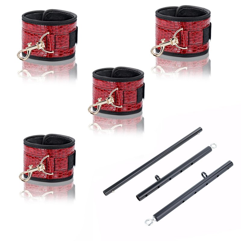Portable Heavy Duty Stainless Steel Expandable Black Spreader Bar with 4pcs Red PU Crocodile Adjustable Straps,Workout Bar for Home Gym Training Bar,Exercise Detachable Pilates Kit