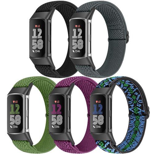 Bcuckood 5 Pack Elastic Nylon Watch Bands Compatible for Fitbit Charge 6/Fitbit Charge 5, Adjustable Breathable Replacement Stretchy Nylon Loop Wristband Sport Strap for Women Men