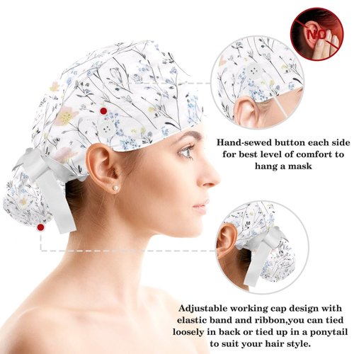 FVQL Scrub Caps Women, Adjustable Surgical Cap with Hair Scrunchy, Floral Flower Ponytail Holder Scrub Hat Blue White