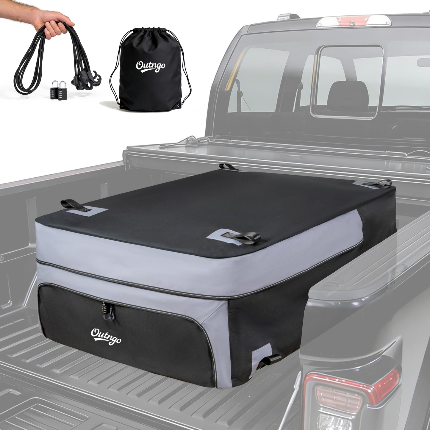 Outngo Truck Bed Cargo Bag-Waterproof Luggage Bag For Truck Bed 26 Cu. Ft Heavy-Duty PVC Truck Bed Waterproof Storage Fits Any Truck Size Dual Opening 4 Stretch Cord 2 Combination Lock (50"x40"x22")