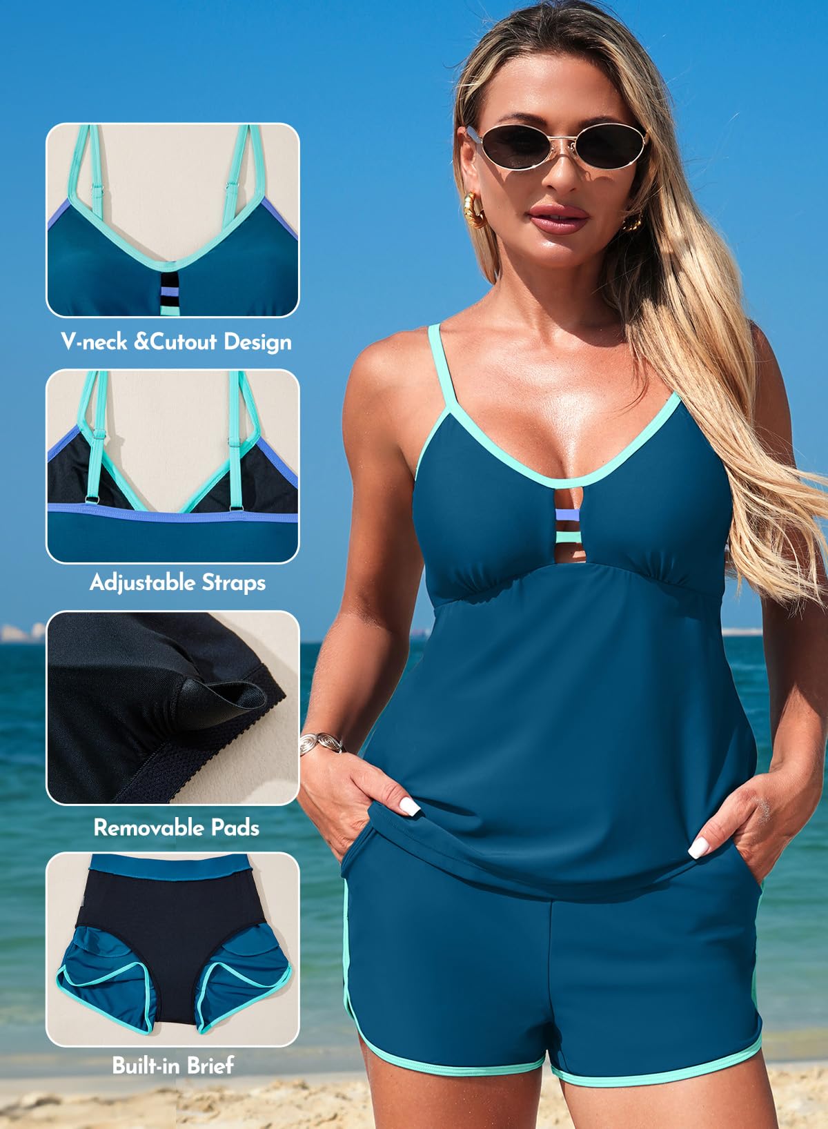 Aleumdr Women Blouson Color Block Tankini Swimsuits Tummy Control Two Piece Bathing Suits with Two Pockets Bottom Swimwear Sail Blue X-Large