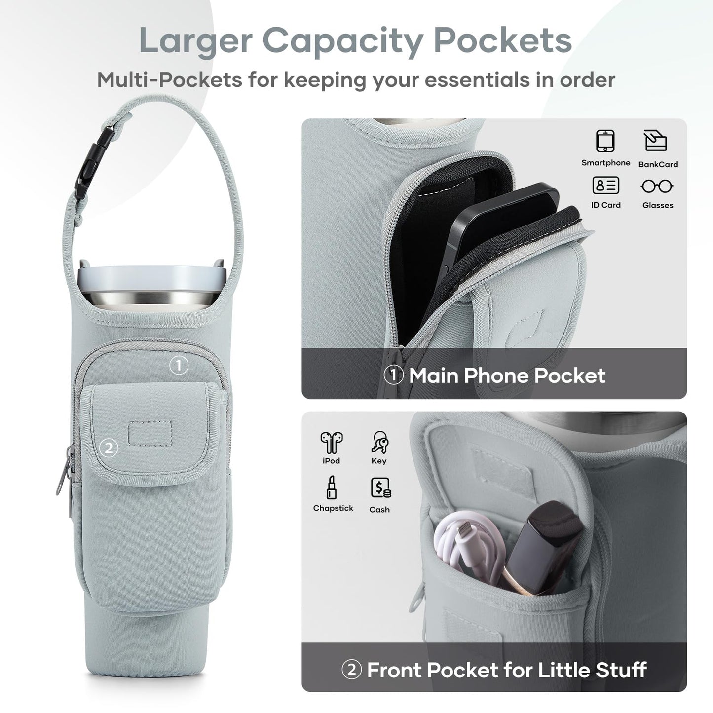 Bufilea Carrier Bag with Phone Holder Pockets for Stanley 40/30oz Tumbler with Handle, Insulated Neoprene Crossbody Bag Cup Holder w/Shoulder & Handheld Straps Fits Stanley Cup Accessories
