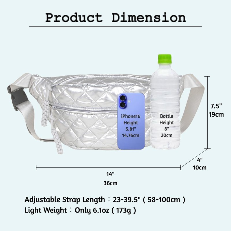 TWO KAT Metallic Quilted Chest Fanny Pack Crossbody Bag with Multi Pockets & Adjustable Strap, Fashionable Men Women Sling Backpack, Casual Waist Belt bag (Silver with Teal Lining, Medium)