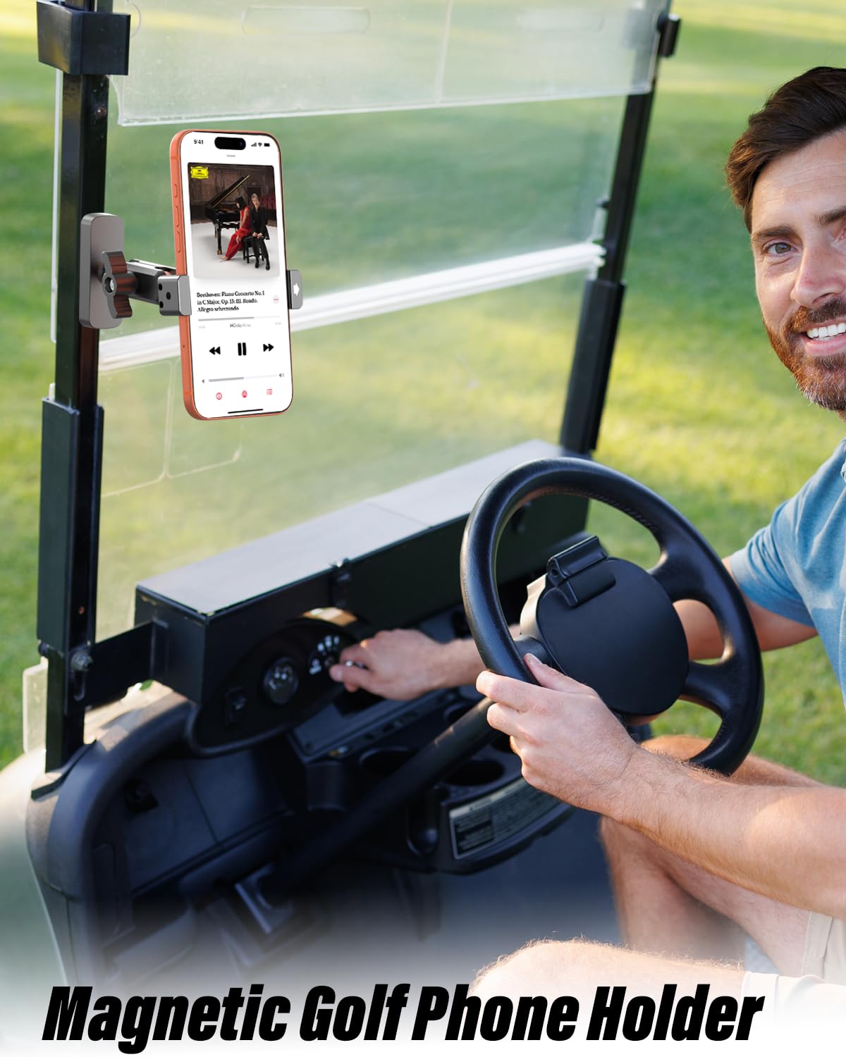 Charchendo Heavy Duty Magnetic Phone Mount for Golf Cart - 360° Adjustable Arm, Secure Attachment to Metal Frame, Universal Fit for All Smartphones, Includes Adhesive Metal Plate