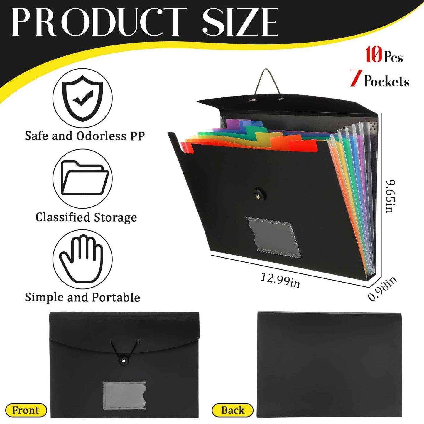 Glenmal 10 Pcs 7 Pocket File Folders File Organizer Expanding Folder with Labels Plastic Expandable Folder Pocket Folder A4 Letter Size Paper Organizer Folder for Office(Black)